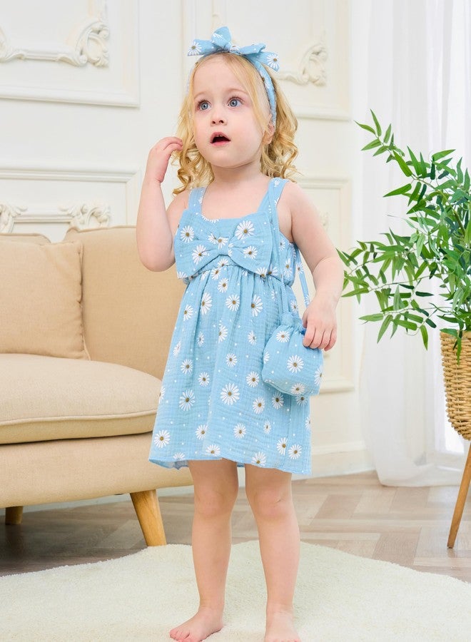 SODLON Infant Summer Girl Dress Cute 6-9 Month Baby Girl Clothes Big Bow Blue Daisy Flower Sundress Beach Casual Sleeveless 9-12 Month Dresses with Sunhat Floral Party Outfits for Girls - Image 3